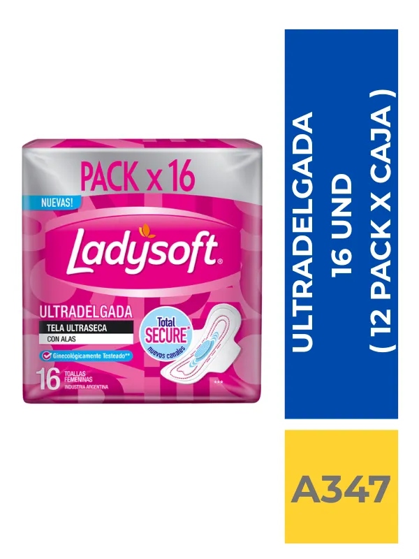 TOALLA HIGIENICA LADYSOFT ULTRA DELGADA MALLA C/ALAS 16 UND ( 12 PACK X CAJA ) - Imagen 1