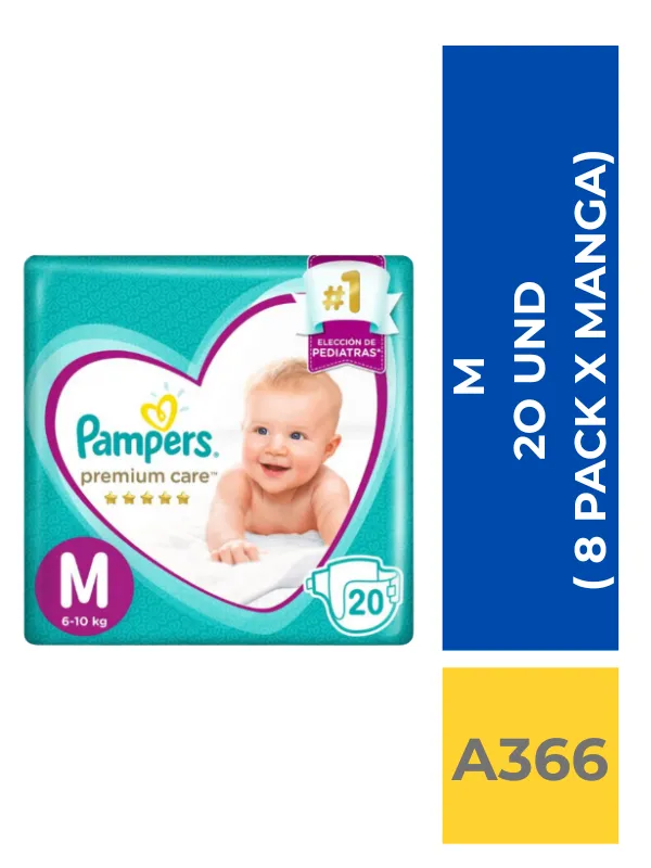 PAÑAL PAMPERS PREMIUM CARE M 20 UND ( 8 PACK X MANGA ) - Imagen 1